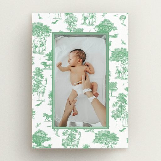 Safari-themed birth announcement card design with one photo of a baby.
