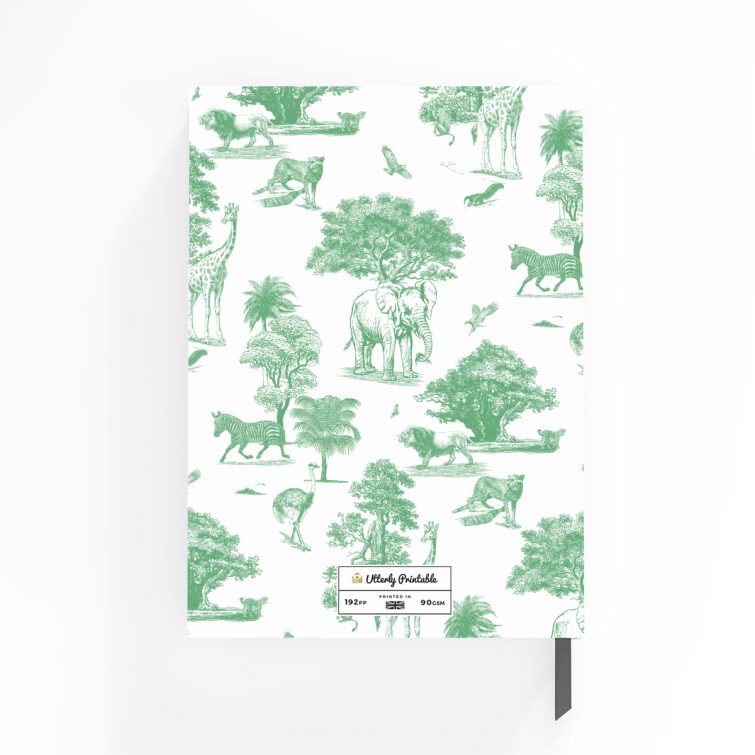 Animal-themed notebook cover design with a green wildlife illustration, suitable for personalised stationery and daily journals, featuring one photo placeholder.