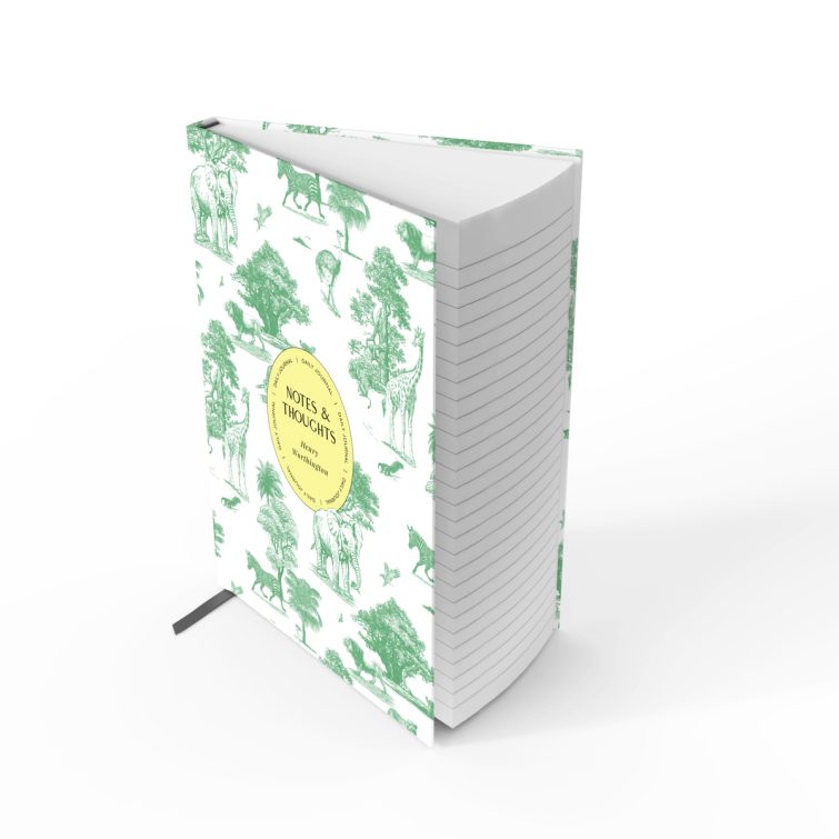 Animal-themed notebook cover design with a green wildlife illustration, suitable for personalised stationery and daily journals, featuring one photo placeholder.