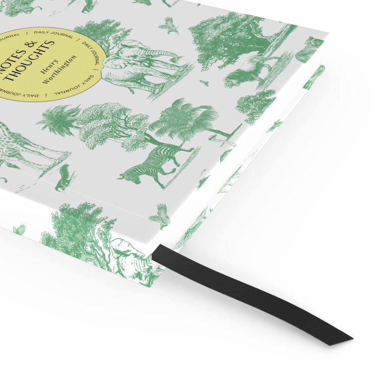 Animal-themed notebook cover design with a green wildlife illustration, suitable for personalised stationery and daily journals, featuring one photo placeholder.