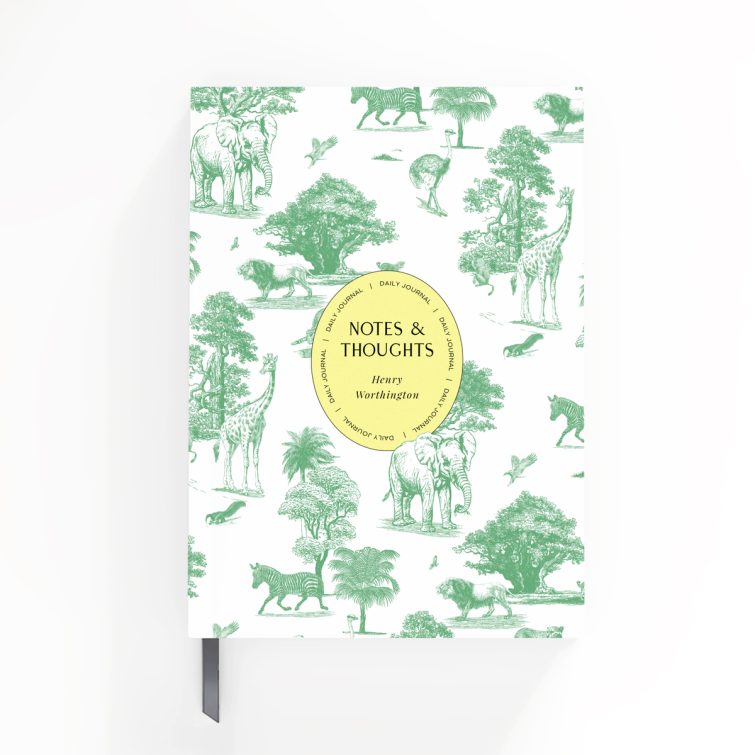 Animal-themed notebook cover design with a green wildlife illustration, suitable for personalised stationery and daily journals, featuring one photo placeholder.