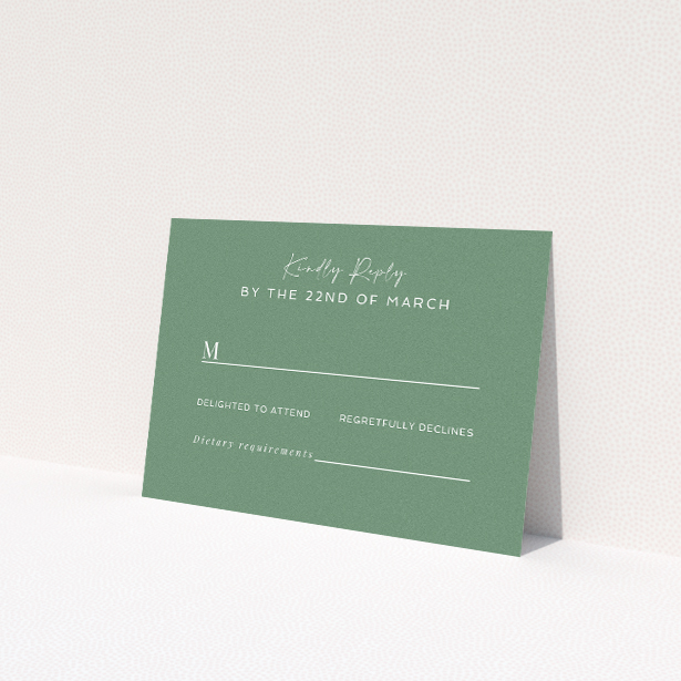 RSVP card from the Sage Celebration suite with contemporary vibes, echoing deep sage green backdrop and bold, inviting script, perfect for couples seeking vibrant, chic design for their wedding celebration filled with joy, style, and modern elegance This is a view of the front
