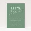 Sage Celebration wedding invitation with contemporary vibes, featuring deep sage green backdrop and bold 'Let's Celebrate!' script, perfect for announcing a wedding event filled with joy, style, and modern elegance This is a view of the front
