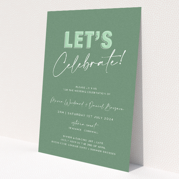 Sage Celebration wedding invitation with contemporary vibes, featuring deep sage green backdrop and bold 'Let's Celebrate!' script, perfect for announcing a wedding event filled with joy, style, and modern elegance This is a view of the front