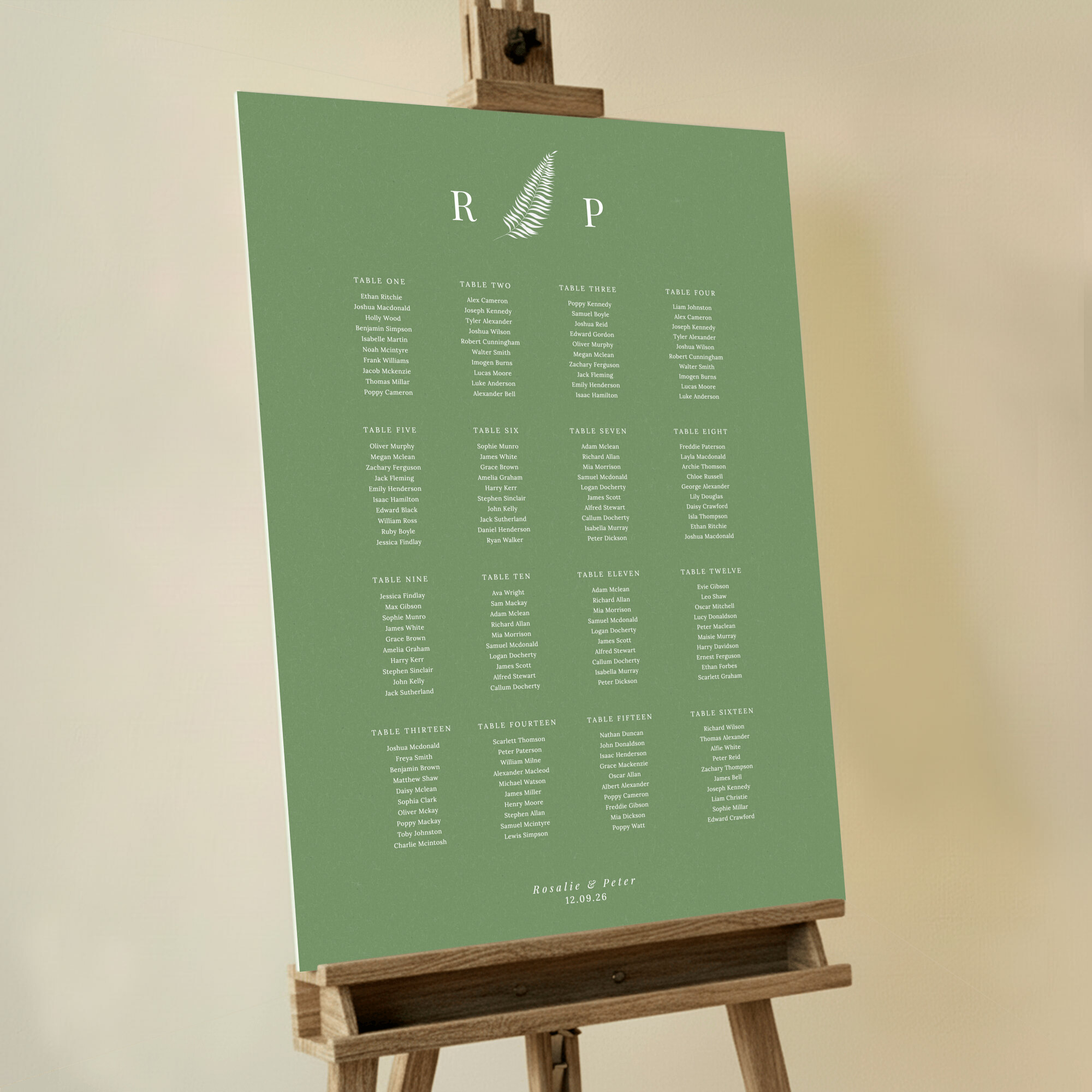 Custom Sage Elegance Seating Plan featuring a dark sage green backdrop, crisp white monogram, and delicate white fern motif, exuding sophistication, class, and tradition for a timeless wedding reception aesthetic.. This template has 16 tables.