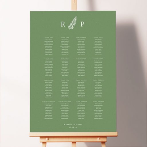 Custom Sage Elegance Seating Plan featuring a dark sage green backdrop, crisp white monogram, and delicate white fern motif, exuding sophistication, class, and tradition for a timeless wedding reception aesthetic.. This template has 16 tables.