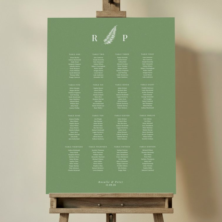 Custom Sage Elegance Seating Plan featuring a dark sage green backdrop, crisp white monogram, and delicate white fern motif, exuding sophistication, class, and tradition for a timeless wedding reception aesthetic.. This template has 16 tables.