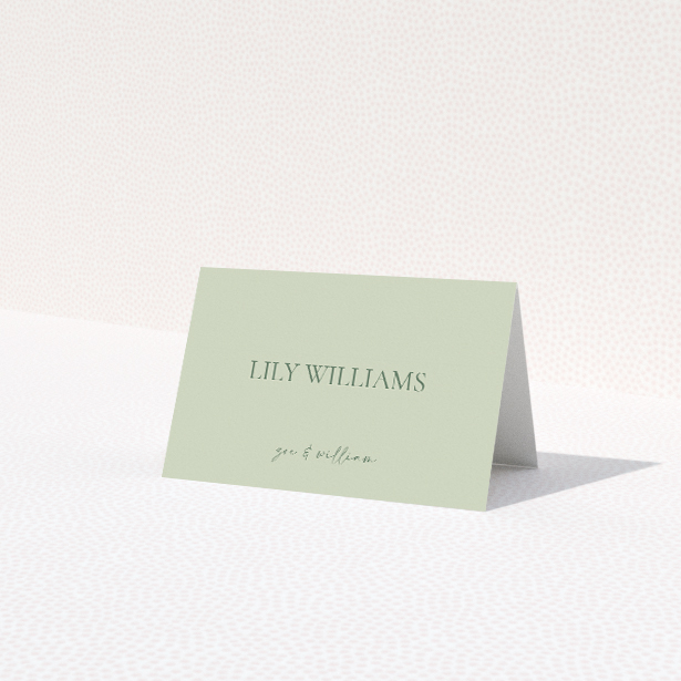 Sage Elegance suite place card template with serene sage green background, bold elegant typography, and minimalist sophistication, ideal for modern couples seeking understated class This is a third view of the front
