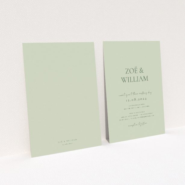 Sage Elegance wedding invitation with minimalist design and sage green background, featuring couple's names in bold font This image shows the front and back sides together