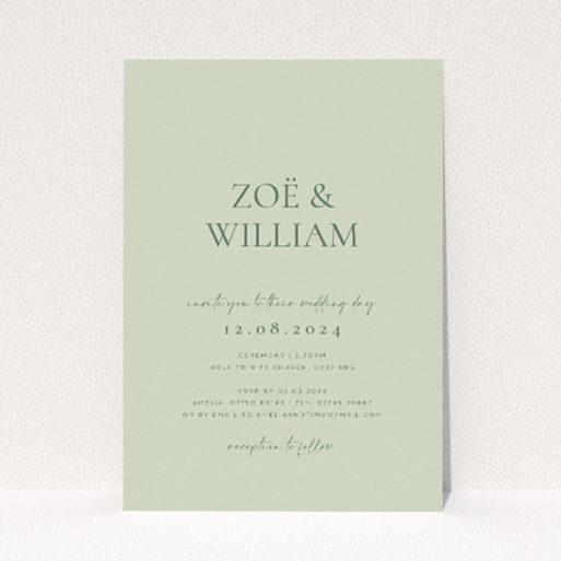 Sage Elegance wedding invitation with minimalist design and sage green background, featuring couple's names in bold font This is a view of the front