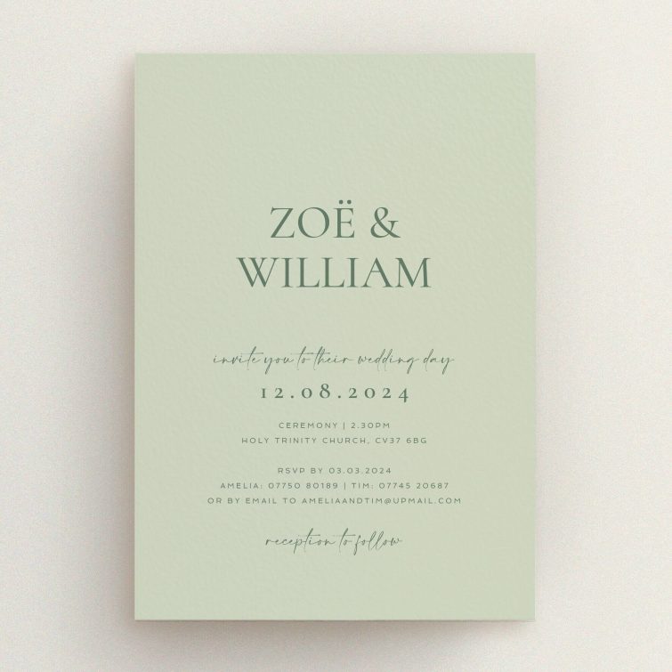 Sage Elegance wedding invitation with minimalist design and sage green background, featuring couple's names in bold font This is a view of the front