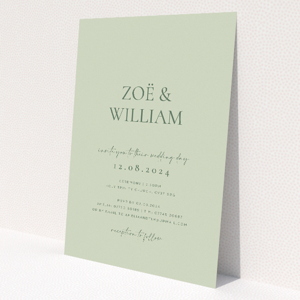 Sage Elegance wedding invitation with minimalist design and sage green background, featuring couple's names in bold font This is a view of the front