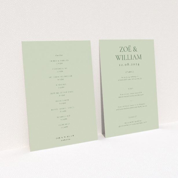 Sophisticated Sage Elegance Wedding Menu Template with Serene Sage Green Background. This image shows the front and back sides together