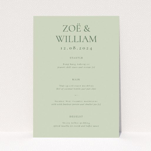 Sophisticated Sage Elegance Wedding Menu Template with Serene Sage Green Background. This is a view of the front