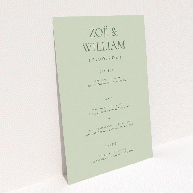 Sophisticated Sage Elegance Wedding Menu Template with Serene Sage Green Background. This image shows the front and back sides together