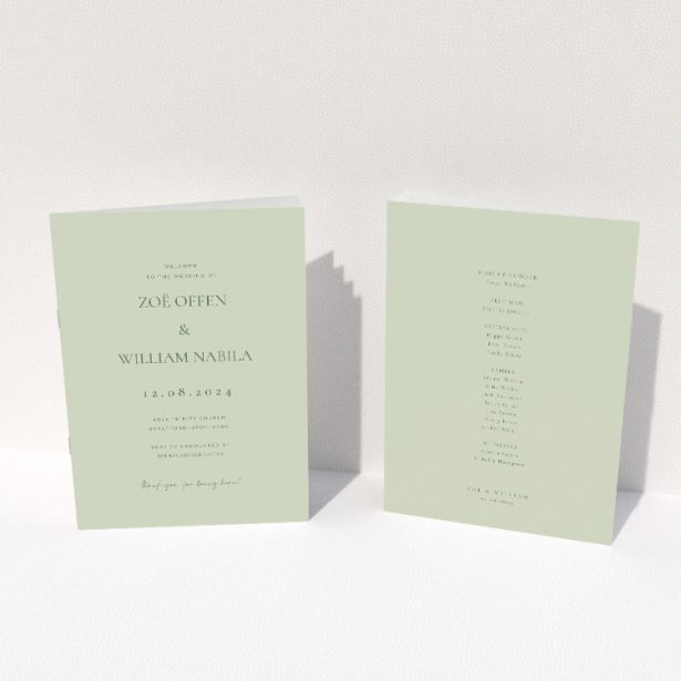 Sophisticated Sage Elegance Wedding Order of Service Booklet with Minimalist Design. This image shows the front and back sides together