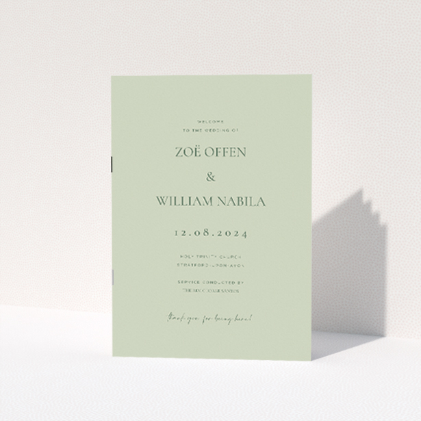 Sophisticated Sage Elegance Wedding Order of Service Booklet with Minimalist Design. This is a view of the front