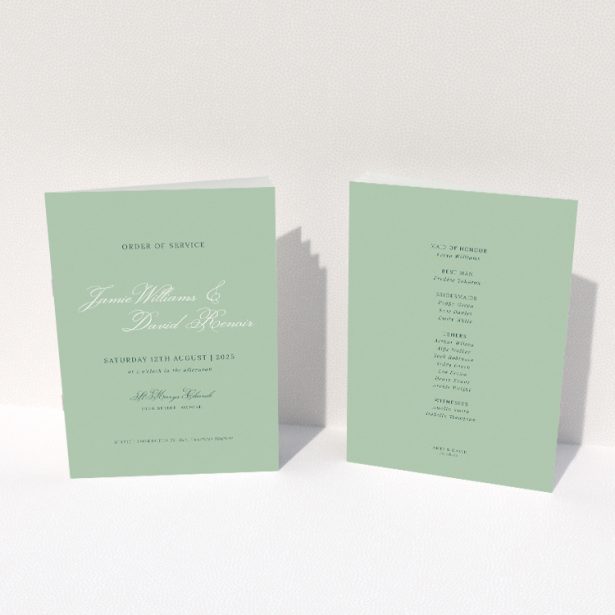 Sage Grace Invitation A5 Wedding Order of Service booklet - Serene elegance with soft sage green background and delicate script typeface, offering a classic sensibility for a timeless celebration of love. This image shows the front and back sides together