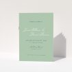 Sage Grace Invitation A5 Wedding Order of Service booklet - Serene elegance with soft sage green background and delicate script typeface, offering a classic sensibility for a timeless celebration of love. This is a view of the front