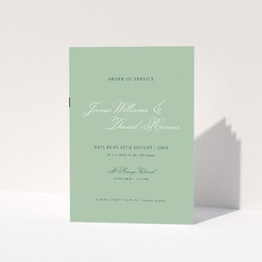 Sage Grace Invitation A5 Wedding Order of Service booklet - Serene elegance with soft sage green background and delicate script typeface, offering a classic sensibility for a timeless celebration of love. This is a view of the front