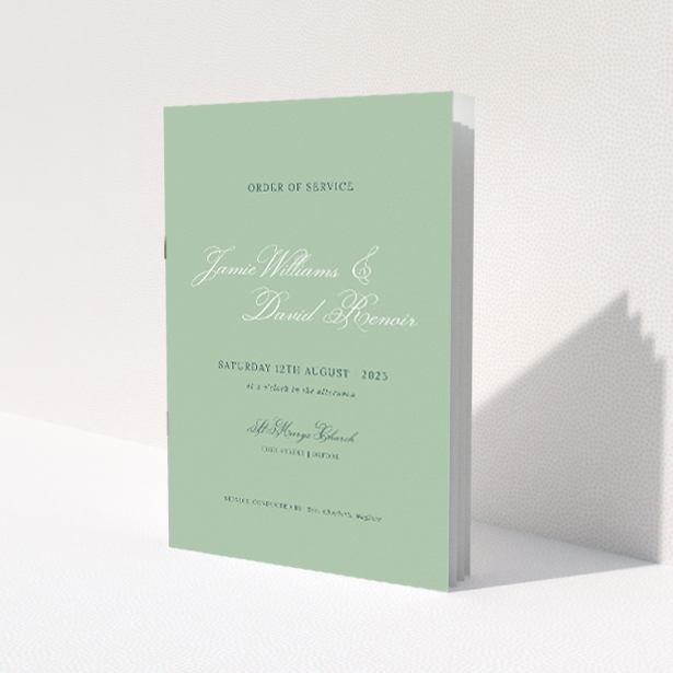 Sage Grace Invitation A5 Wedding Order of Service booklet - Serene elegance with soft sage green background and delicate script typeface, offering a classic sensibility for a timeless celebration of love. This image shows the front and back sides together