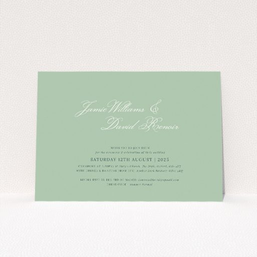 Sage Grace Invitation with serene sage green backdrop and elegant script announcing couple's names. This is a view of the front