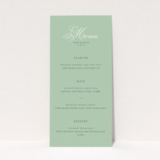 Sage Grace Invitation wedding menu design with a serene sage green palette and elegant script, ideal for couples desiring chic, understated stationery for their special day This is a view of the front
