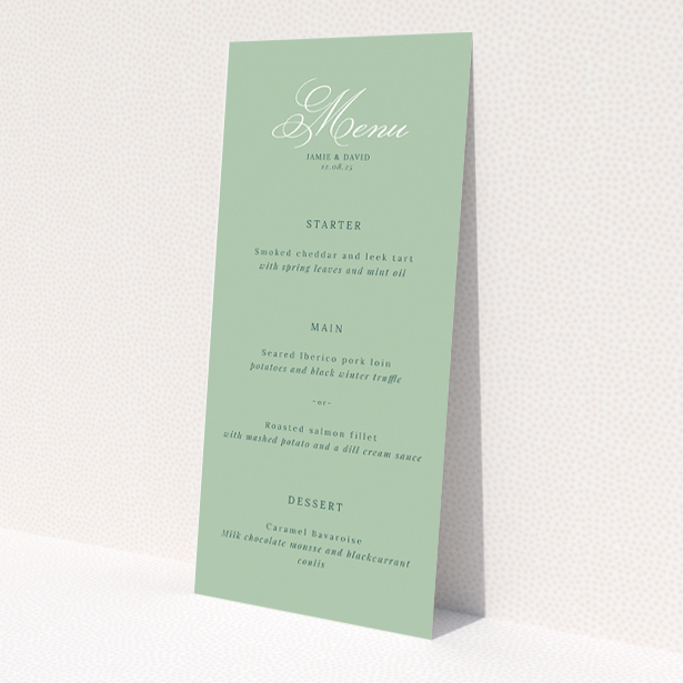 Sage Grace Invitation wedding menu design with a serene sage green palette and elegant script, ideal for couples desiring chic, understated stationery for their special day This is a view of the front