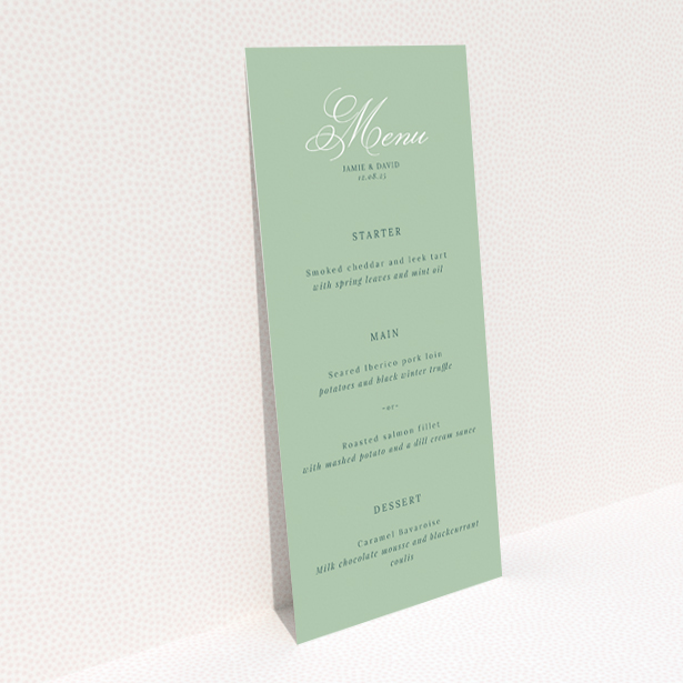 Sage Grace Invitation wedding menu design with a serene sage green palette and elegant script, ideal for couples desiring chic, understated stationery for their special day This is a view of the back