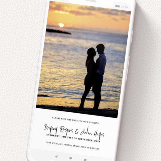 A save the date for whatsapp design called 'A bit at the bottom'. It is a smartphone screen sized card in a portrait orientation. It is a photographic save the date for whatsapp with room for 1 photo. 'A bit at the bottom' is available as a flat card, with tones of black and white.