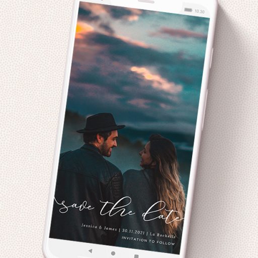 A save the date for whatsapp design titled 'Across the Photo'. It is a smartphone screen sized card in a portrait orientation. It is a photographic save the date for whatsapp with room for 1 photo. 'Across the Photo' is available as a flat card, with mainly white colouring.