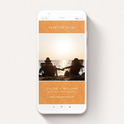 A save the date for whatsapp design named "Beach Towel Orange". It is a smartphone screen sized card in a portrait orientation. It is a photographic save the date for whatsapp with room for 1 photo. "Beach Towel Orange" is available as a flat card, with tones of orange and white.