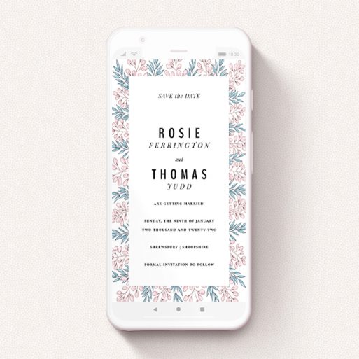 A save the date for whatsapp design called "Blossom and Long Leaves". It is a smartphone screen sized card in a portrait orientation. "Blossom and Long Leaves" is available as a flat card, with tones of blue and pink.