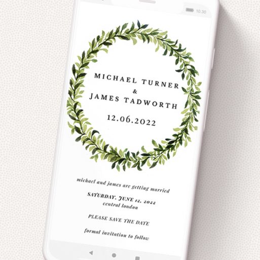A save the date for whatsapp called 'Classic Green Wreath'. It is a smartphone screen sized card in a portrait orientation. 'Classic Green Wreath' is available as a flat card, with tones of light green and dark green.