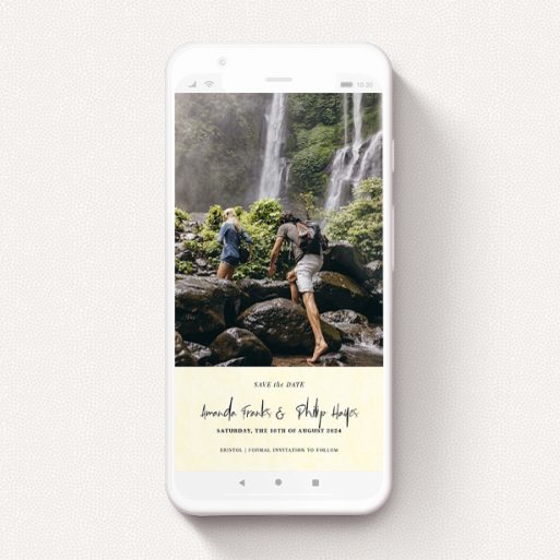 A save the date for whatsapp design titled "Cream Hue". It is a smartphone screen sized card in a portrait orientation. It is a photographic save the date for whatsapp with room for 1 photo. "Cream Hue" is available as a flat card, with mainly cream colouring.