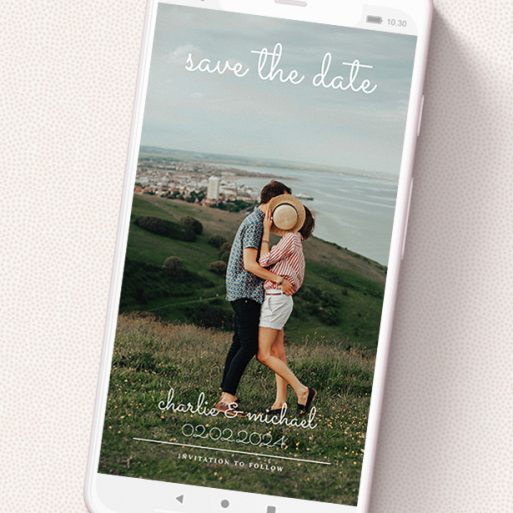 A save the date for whatsapp design titled 'Date Saving Photo'. It is a smartphone screen sized card in a portrait orientation. It is a photographic save the date for whatsapp with room for 1 photo. 'Date Saving Photo' is available as a flat card, with mainly white colouring.
