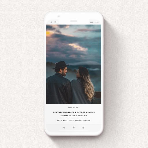 A save the date for whatsapp template titled "Four Fifths Photo". It is a smartphone screen sized card in a portrait orientation. It is a photographic save the date for whatsapp with room for 1 photo. "Four Fifths Photo" is available as a flat card, with tones of black and white.