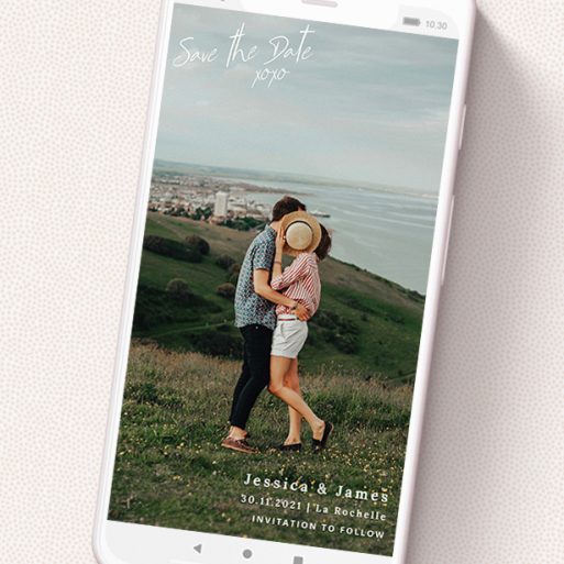 A save the date for whatsapp called 'Full Page Photo Square'. It is a smartphone screen sized card in a portrait orientation. It is a photographic save the date for whatsapp with room for 1 photo. 'Full Page Photo Square' is available as a flat card, with mainly white colouring.
