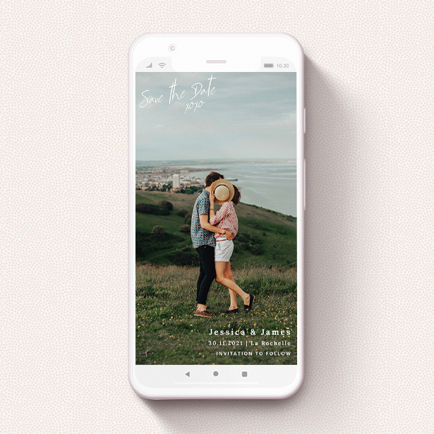 A save the date for whatsapp called "Full Page Photo Square". It is a smartphone screen sized card in a portrait orientation. It is a photographic save the date for whatsapp with room for 1 photo. "Full Page Photo Square" is available as a flat card, with mainly white colouring.