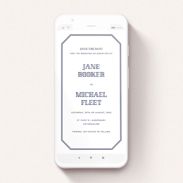 A save the date for whatsapp called "In between the lines square". It is a smartphone screen sized card in a portrait orientation. "In between the lines square" is available as a flat card, with tones of blue and white.