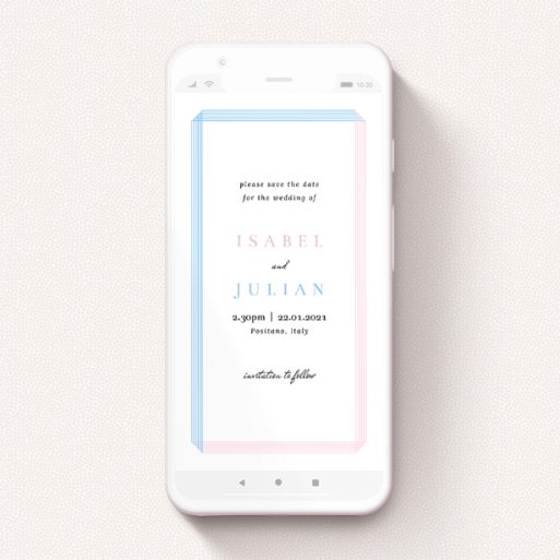 A save the date for whatsapp design named "Intersection". It is a smartphone screen sized card in a portrait orientation. "Intersection" is available as a flat card, with tones of blue and pink.