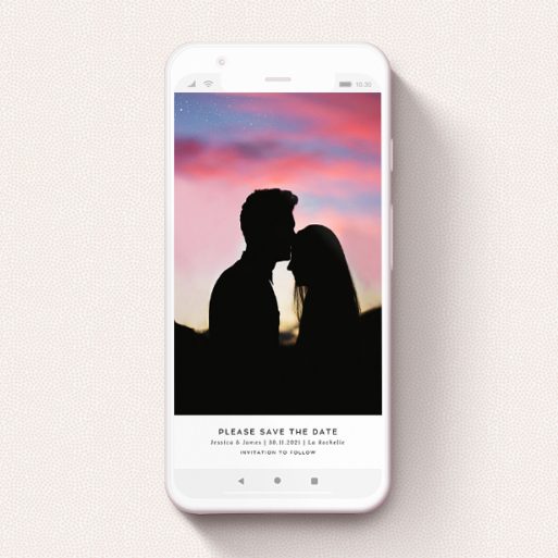 A save the date for whatsapp design called "Landscape Photo". It is a smartphone screen sized card in a portrait orientation. It is a photographic save the date for whatsapp with room for 1 photo. "Landscape Photo" is available as a flat card, with tones of black and white.