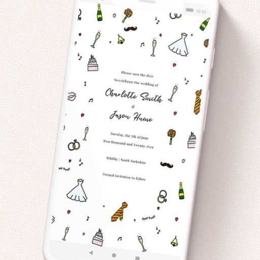 A save the date for whatsapp design called 'Matrimonial Doodles'. It is a smartphone screen sized card in a portrait orientation. 'Matrimonial Doodles' is available as a flat card, with tones of white, red and yellow.