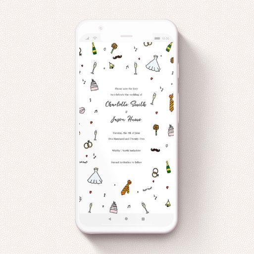 A save the date for whatsapp design called "Matrimonial Doodles". It is a smartphone screen sized card in a portrait orientation. "Matrimonial Doodles" is available as a flat card, with tones of white, red and yellow.