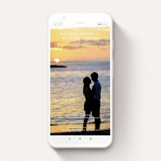 A save the date for whatsapp design named "Modern Formality". It is a smartphone screen sized card in a portrait orientation. It is a photographic save the date for whatsapp with room for 1 photo. "Modern Formality" is available as a flat card, with mainly white colouring.