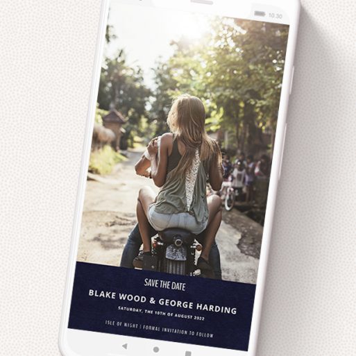 A save the date for whatsapp design named 'Moody Blue'. It is a smartphone screen sized card in a portrait orientation. It is a photographic save the date for whatsapp with room for 1 photo. 'Moody Blue' is available as a flat card, with tones of blue and white.