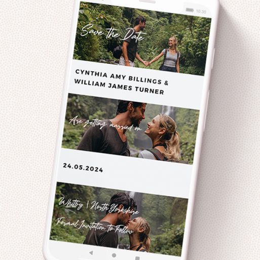 A save the date for whatsapp template titled 'Newsreel '. It is a smartphone screen sized card in a portrait orientation. It is a photographic save the date for whatsapp with room for 3 photos. 'Newsreel ' is available as a flat card, with tones of black and white.