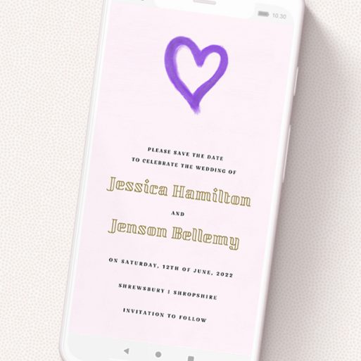 A save the date for whatsapp design called 'One little heart '. It is a smartphone screen sized card in a portrait orientation. 'One little heart ' is available as a flat card, with mainly purple/dark pink colouring.