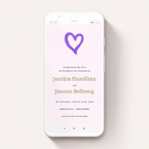 A save the date for whatsapp design called "One little heart ". It is a smartphone screen sized card in a portrait orientation. "One little heart " is available as a flat card, with mainly purple/dark pink colouring.