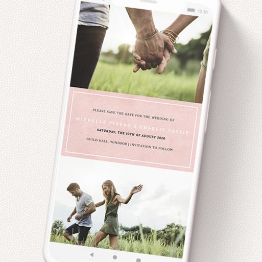 A save the date for whatsapp called 'Pink in the Middle'. It is a smartphone screen sized card in a portrait orientation. It is a photographic save the date for whatsapp with room for 2 photos. 'Pink in the Middle' is available as a flat card, with tones of pink and white.